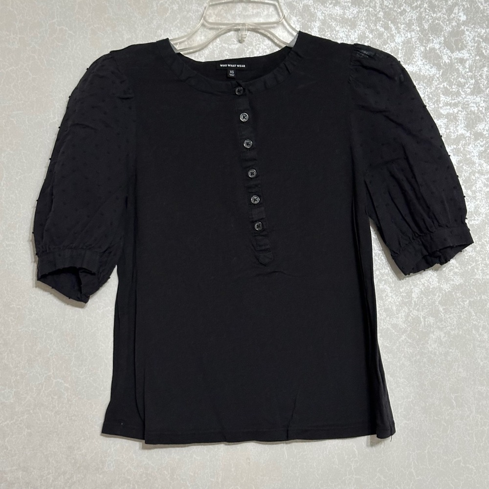 Who What Wear Solid Black Blouse‎ Swiss Dot Puff Sleeve Half Button Down Top XS